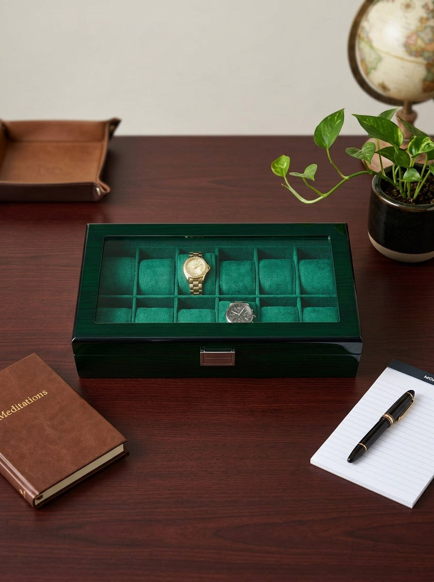 12 Slot Wooden Watch Box with Glass Lid | Green Velvet Interior