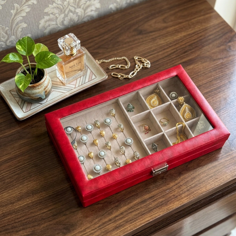 Premium Jewelry Display Combo Box | Ring, Earring & Pendant Organizer with Glass Lid | 2 Colors — Maroon & Lavender | প্রিমিয়াম জুয়েলারি কম্বো ডিসপ্লে বক্স