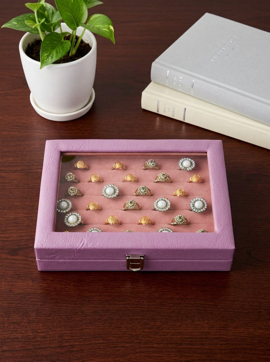 Premium Ring Storage Display Box with Glass Lid | 48-Slot Velvet Ring Organizer | 2 Colors — Maroon & Lavender | প্রিমিয়াম রিং স্টোরেজ বক্স