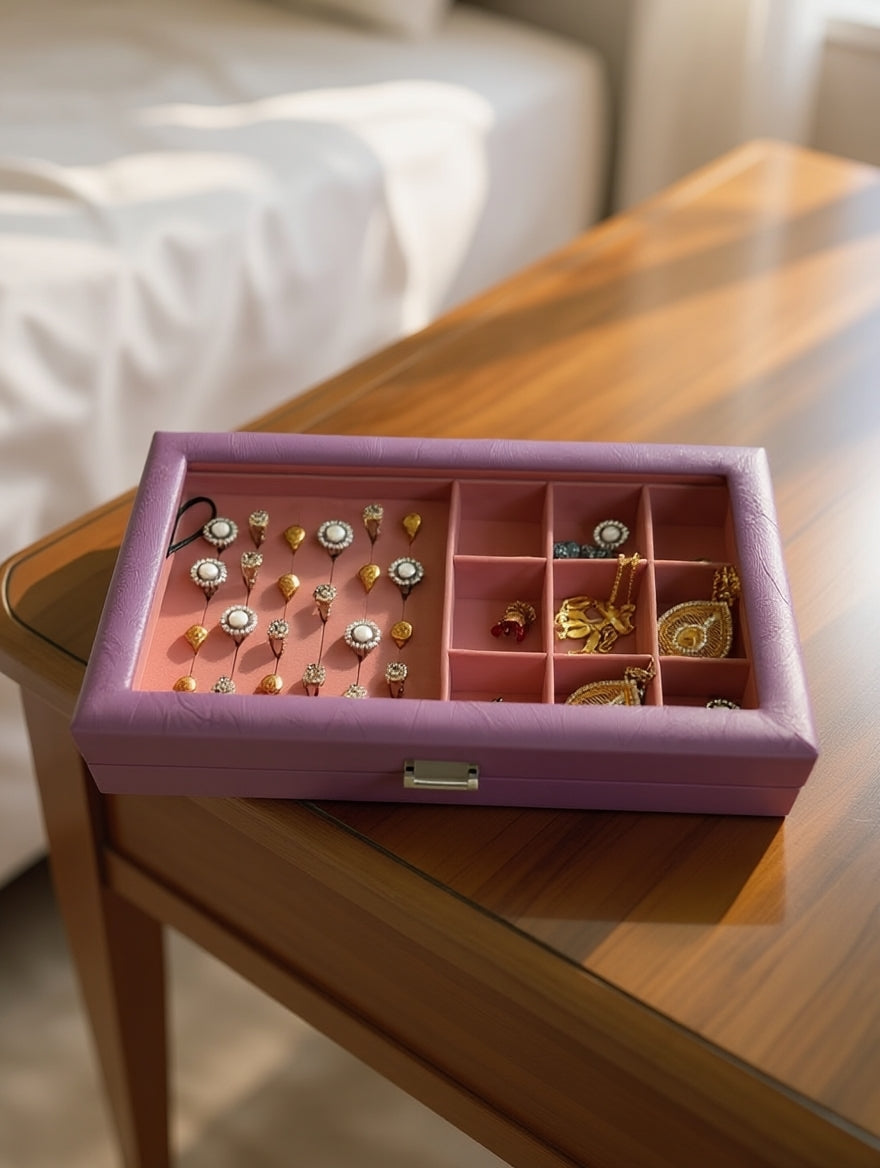 Premium Jewelry Display Combo Box | Ring, Earring & Pendant Organizer with Glass Lid | 2 Colors — Maroon & Lavender | প্রিমিয়াম জুয়েলারি কম্বো ডিসপ্লে বক্স