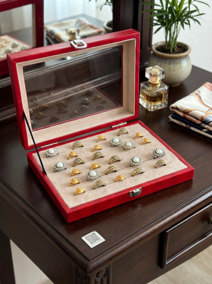 Premium Ring Storage Display Box with Glass Lid | 48-Slot Velvet Ring Organizer | 2 Colors — Maroon & Lavender | প্রিমিয়াম রিং স্টোরেজ বক্স