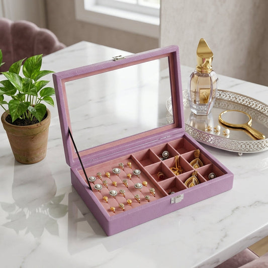 Premium Jewelry Display Combo Box | Ring, Earring & Pendant Organizer with Glass Lid | 2 Colors — Maroon & Lavender | প্রিমিয়াম জুয়েলারি কম্বো ডিসপ্লে বক্স