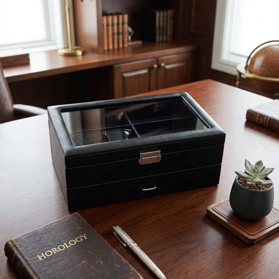 Black jewelry box on a wooden desk with books and a plant in the background