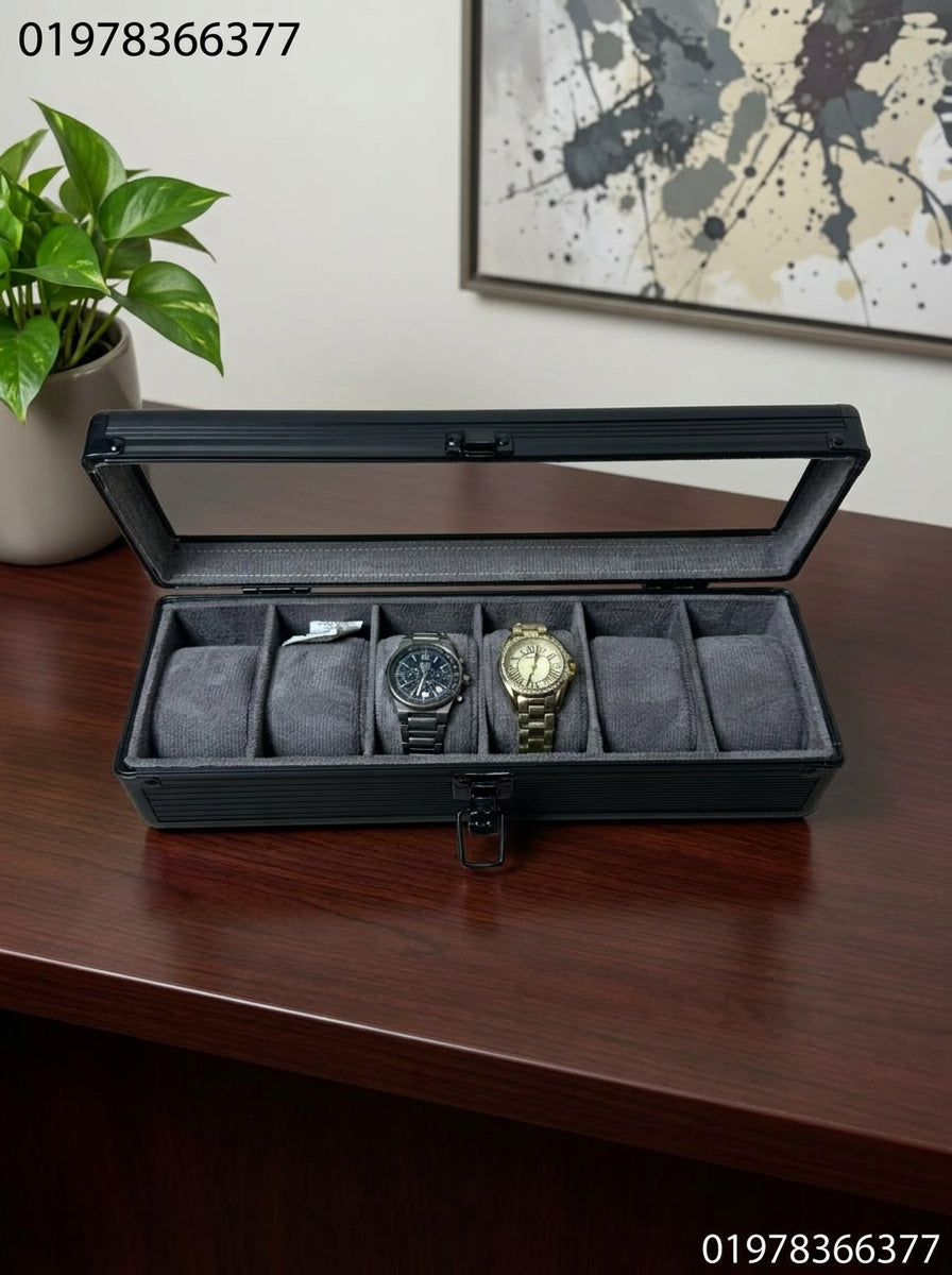 6-Slot Aluminum Watch Box with Glass Lid | Watch Organizer Case | ৬ স্লট অ্যালুমিনিয়াম ওয়াচ বক্স