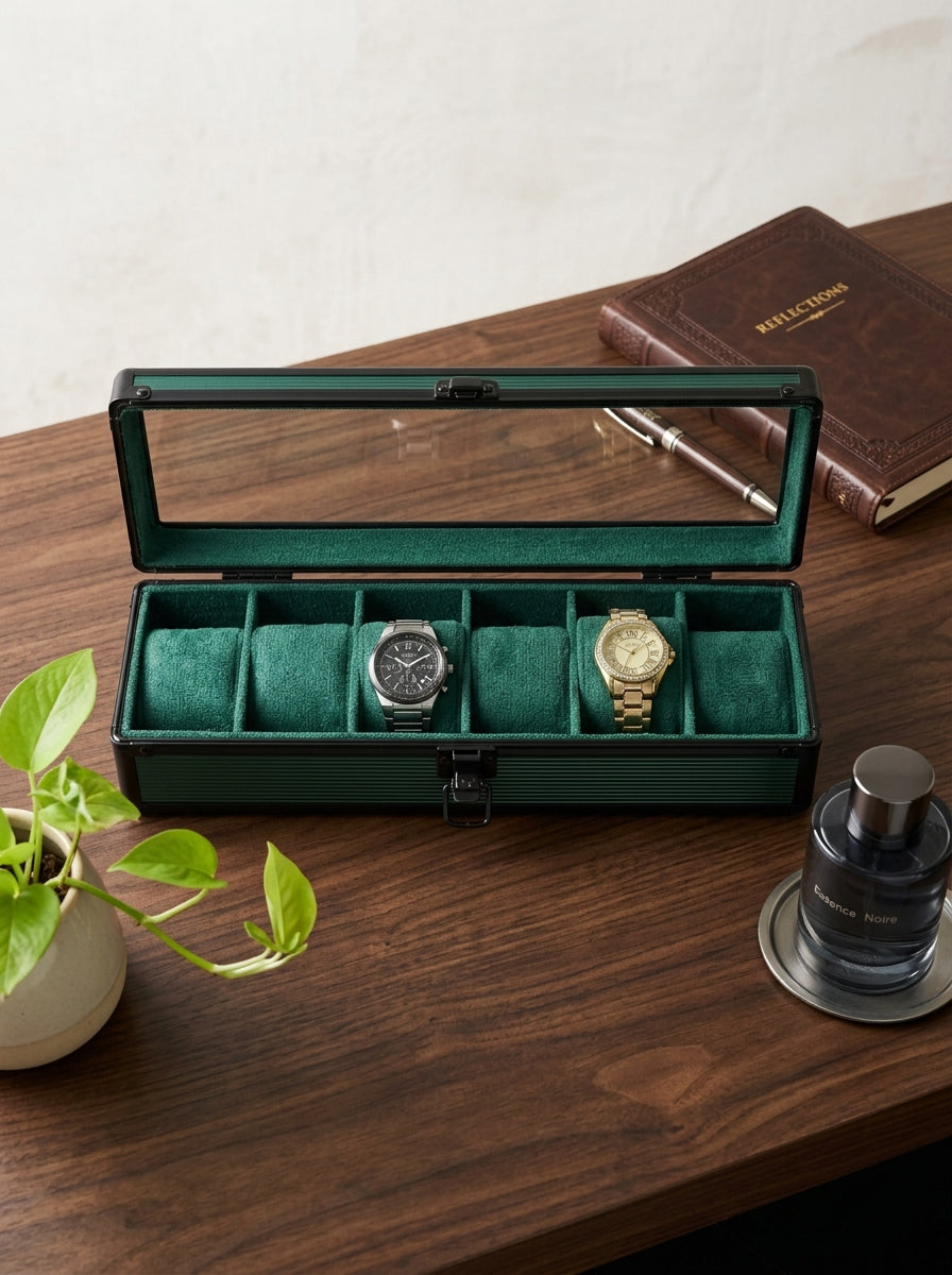 6-Slot Aluminum Watch Box with Glass Lid | Watch Organizer Case | ৬ স্লট অ্যালুমিনিয়াম ওয়াচ বক্স
