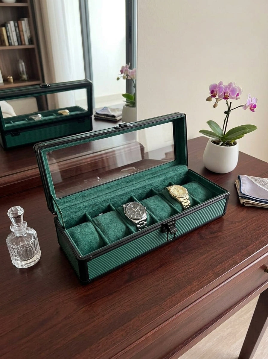 6-Slot Aluminum Watch Box with Glass Lid | Watch Organizer Case | ৬ স্লট অ্যালুমিনিয়াম ওয়াচ বক্স