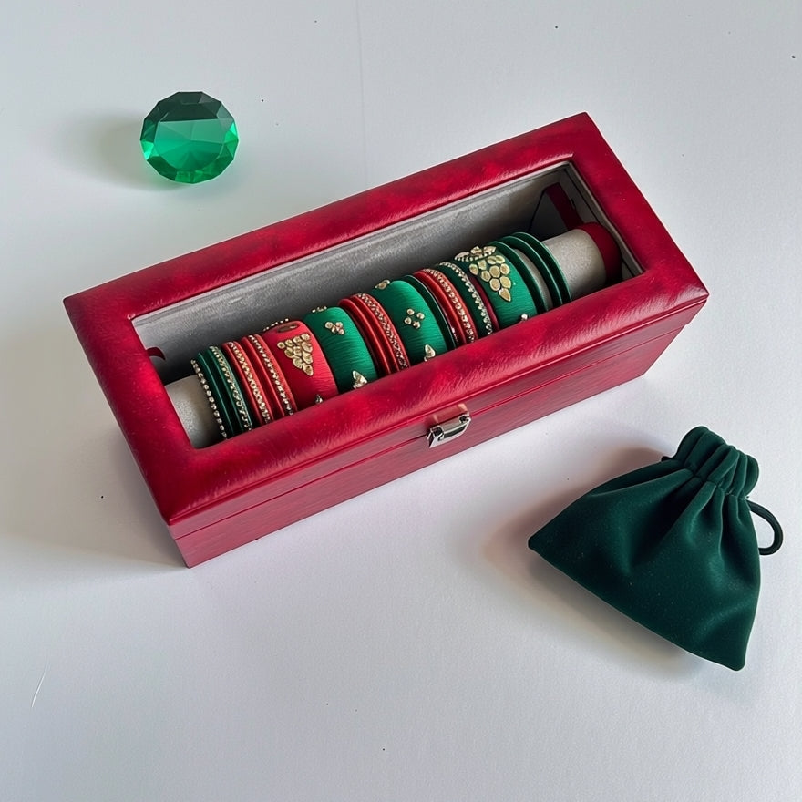Bangles Organizer Box — Red PU Leather, Glass Lid, Velvet Roll Holders | Premium Bangles & Jewelry Storage Case