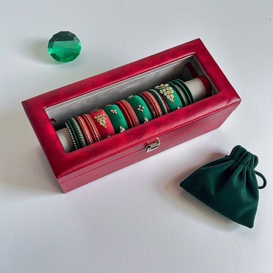 Bangles Organizer Box — Red PU Leather, Glass Lid, Velvet Roll Holders | Premium Bangles & Jewelry Storage Case