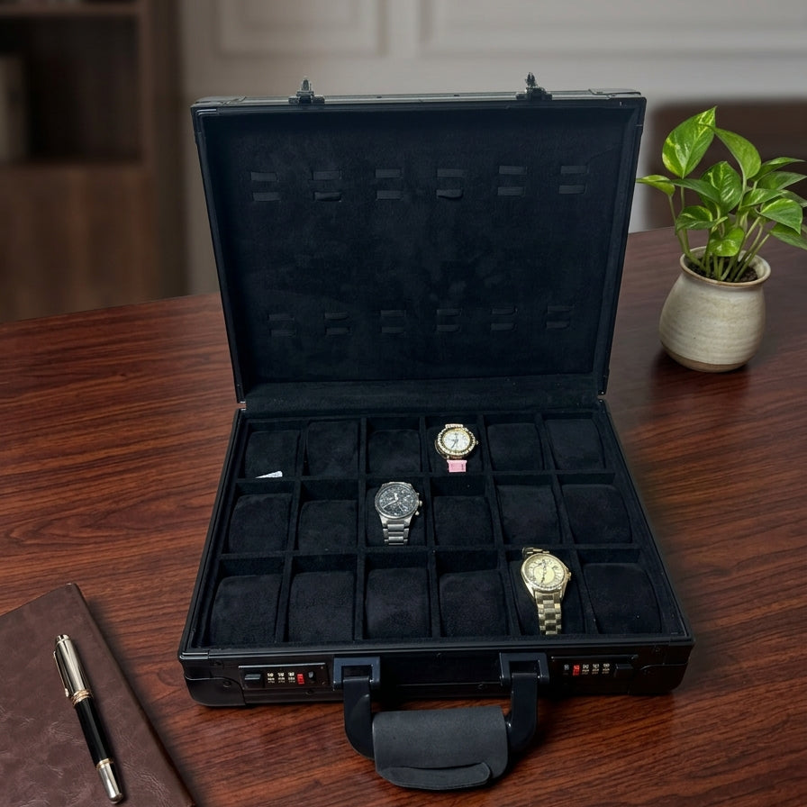 24-Slot Aluminum Watch Briefcase with Dual Combination Lock | Premium Watch Organizer | ২৪ স্লট অ্যালুমিনিয়াম ওয়াচ বক্স