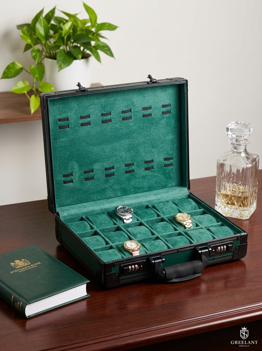 24-Slot Aluminum Watch Briefcase with Dual Combination Lock | Premium Watch Organizer | ২৪ স্লট অ্যালুমিনিয়াম ওয়াচ বক্স
