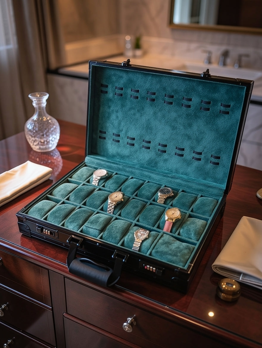 32-Slot Aluminum Watch Box with Combination Lock | Premium Watch Organizer Case | ৩২ স্লট অ্যালুমিনিয়াম ওয়াচ বক্স