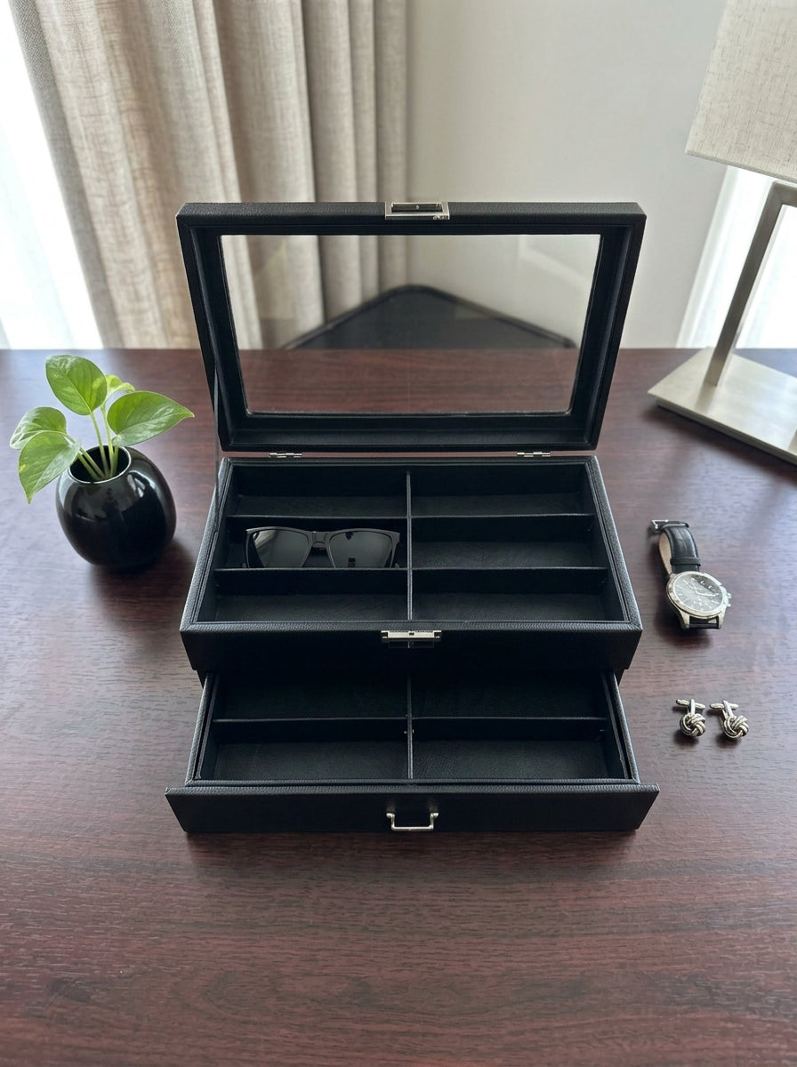 Black jewelry box with sunglasses on a wooden table
