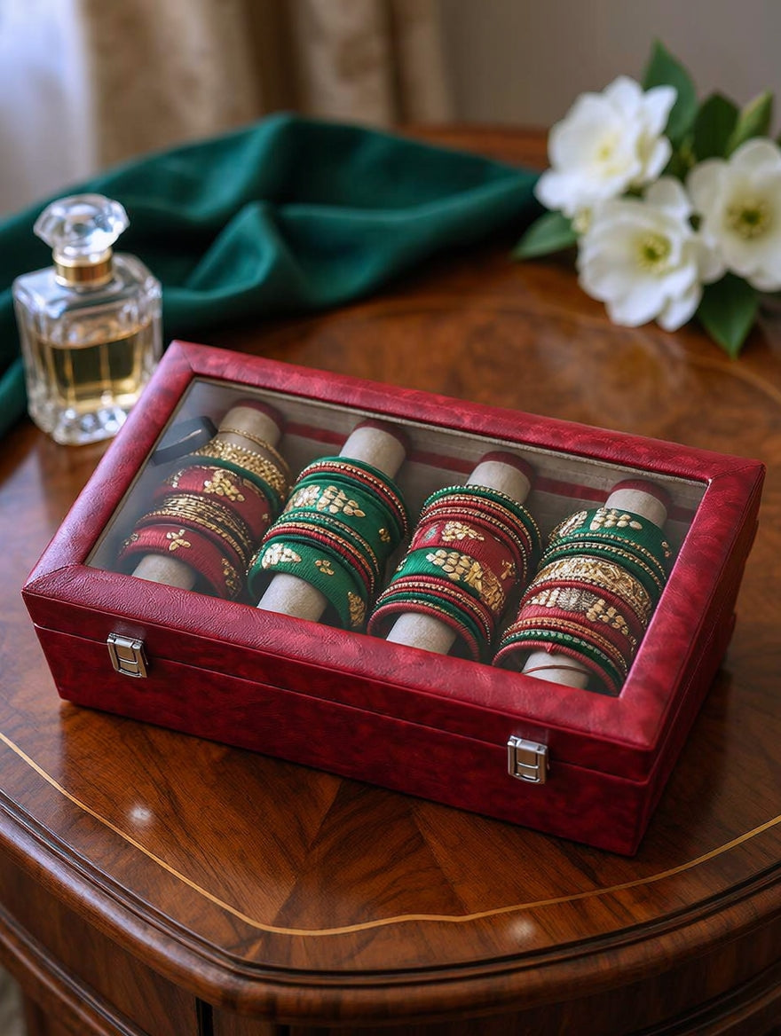 Bangles Organizer Box — Red PU Leather, Glass Lid, Velvet Roll Holders | Premium Bangles & Jewelry Storage Case