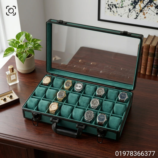 24-Slot Aluminum Watch Briefcase with Glass Lid & Dual Latch Lock | Premium Watch Organizer | ২৪ স্লট অ্যালুমিনিয়াম ওয়াচ ব্রিফকেস