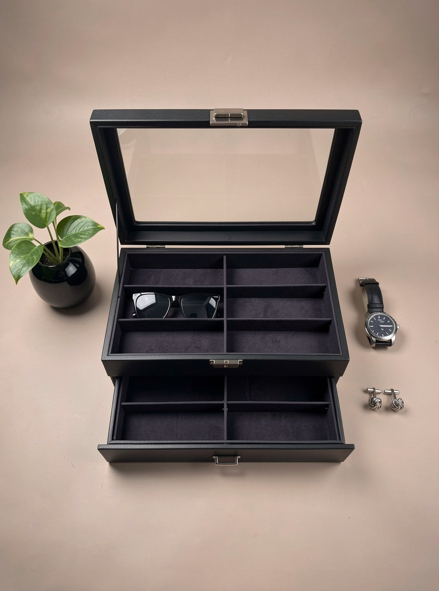 Black jewelry box with open lid displaying compartments, accompanied by a watch and earrings on a beige surface.
