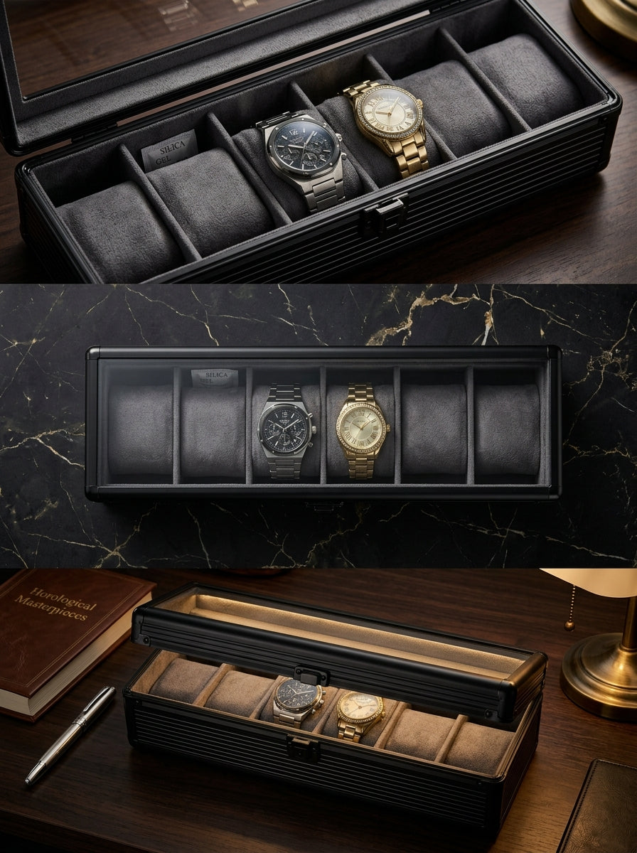 6-Slot Aluminum Watch Box with Glass Lid | Watch Organizer Case | ৬ স্লট অ্যালুমিনিয়াম ওয়াচ বক্স