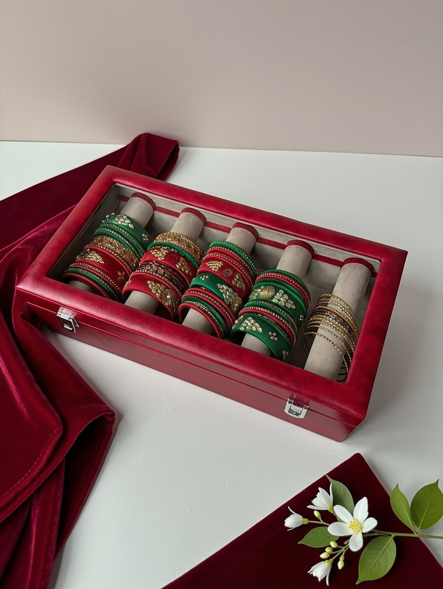 Bangles Organizer Box — Red PU Leather, Glass Lid, Velvet Roll Holders | Premium Bangles & Jewelry Storage Case