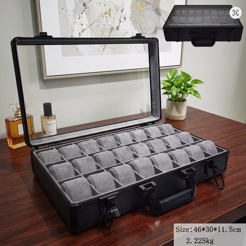 24-Slot Aluminum Watch Briefcase with Glass Lid & Dual Latch Lock | Premium Watch Organizer | ২৪ স্লট অ্যালুমিনিয়াম ওয়াচ ব্রিফকেস