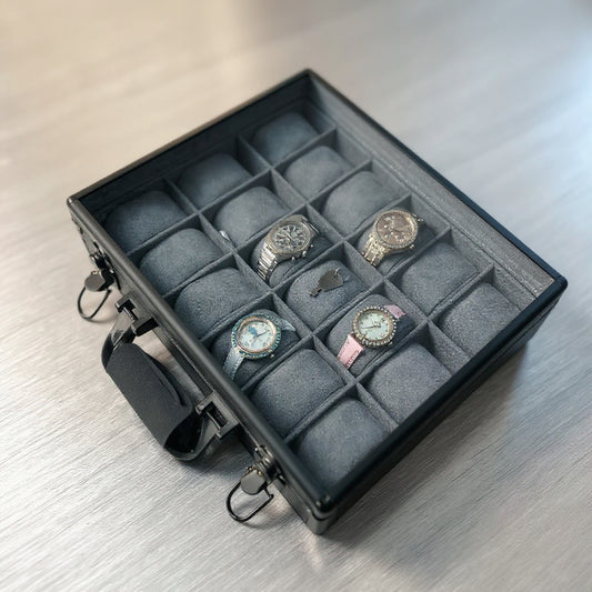18 Slot Aluminum Watch Organizer Box — Black Gray Color, Glass Lid, Key Lock System | Premium Watch Storage Case