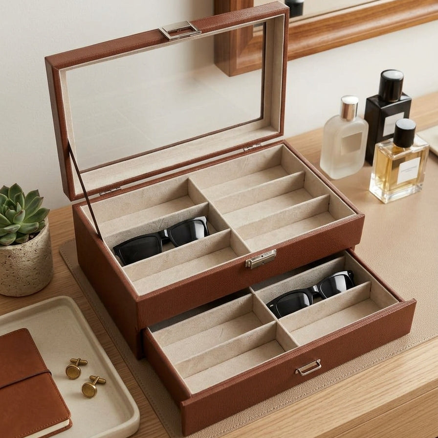 12-Slot Leather Sunglasses Organizer Box — Double Layer Display Case with Glass Lid