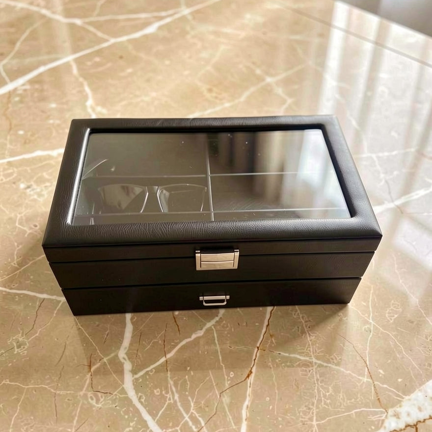 Black jewelry box with glass top on a marble surface