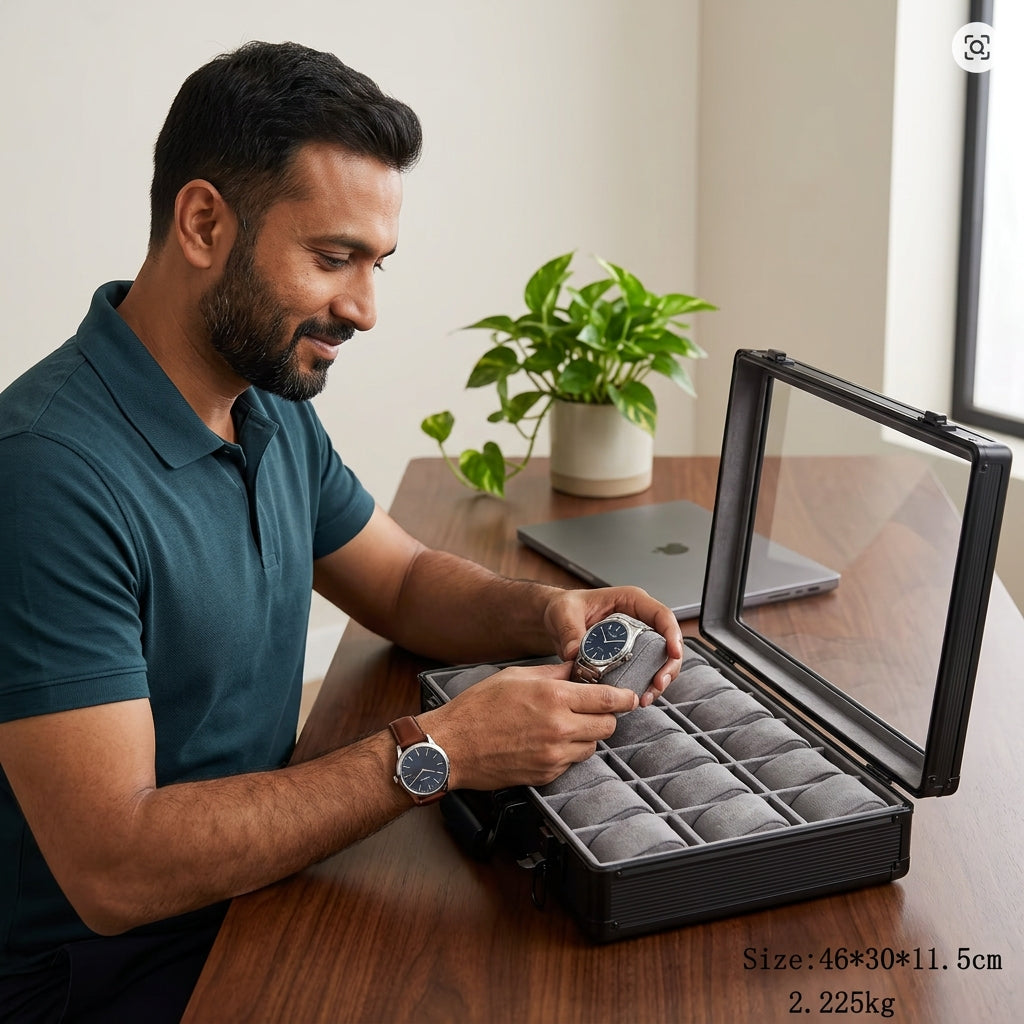 24-Slot Aluminum Watch Briefcase with Glass Lid & Dual Latch Lock | Premium Watch Organizer | ২৪ স্লট অ্যালুমিনিয়াম ওয়াচ ব্রিফকেস
