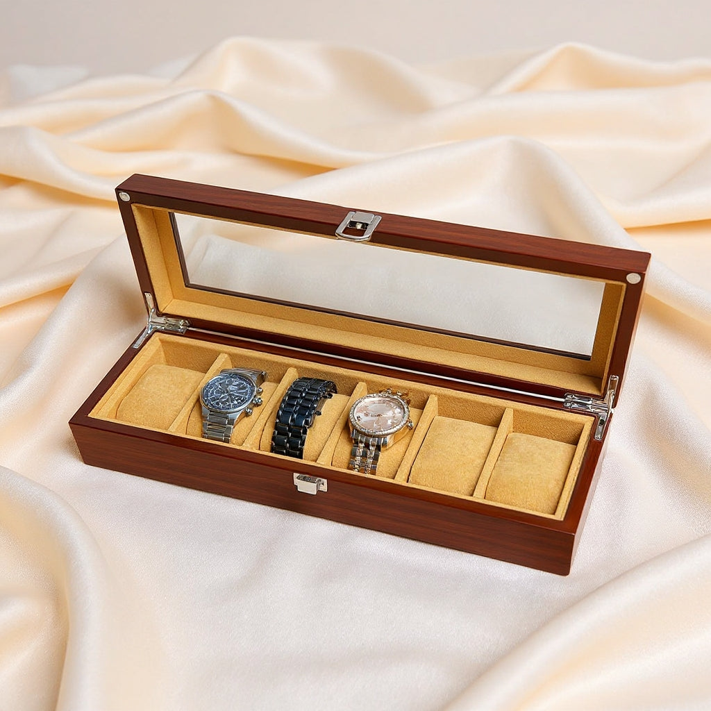 Wooden watch box with three watches on a beige fabric background