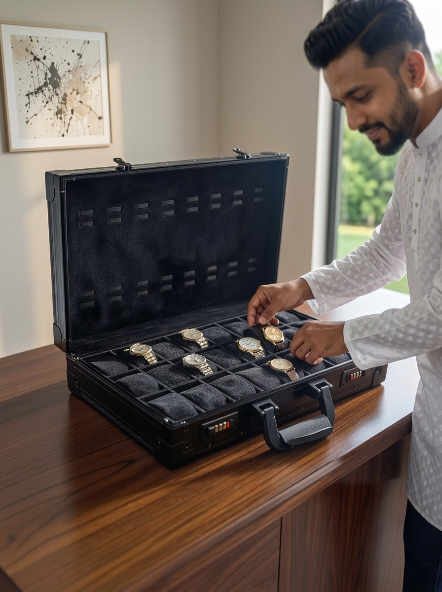32-Slot Aluminum Watch Box with Combination Lock | Premium Watch Organizer Case | ৩২ স্লট অ্যালুমিনিয়াম ওয়াচ বক্স