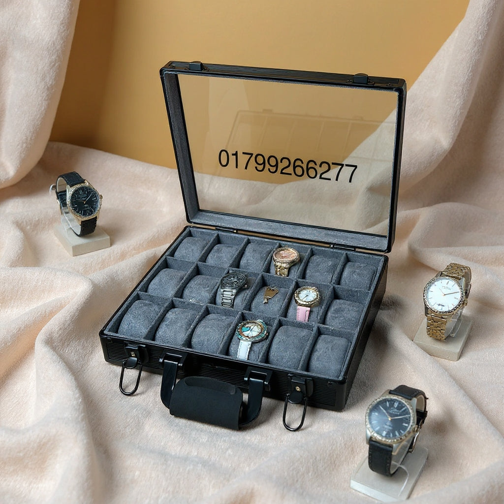 18 Slot Aluminum Watch Organizer Box — Black Gray Color, Glass Lid, Key Lock System | Premium Watch Storage Case