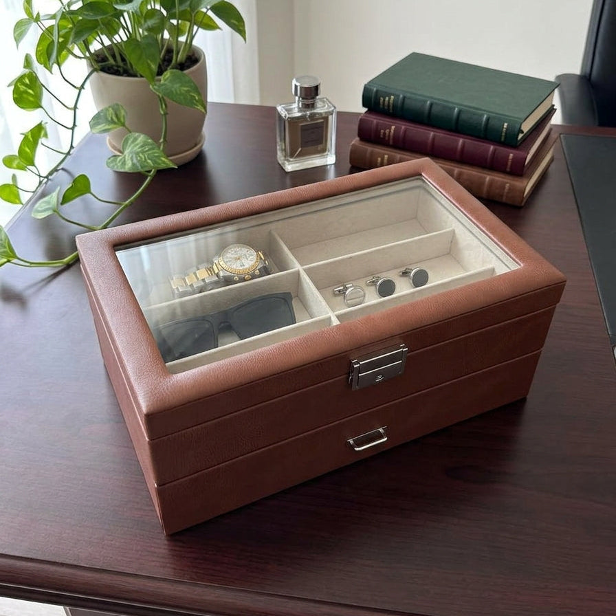 Brown jewelry box on a wooden table with a plant and books in the background