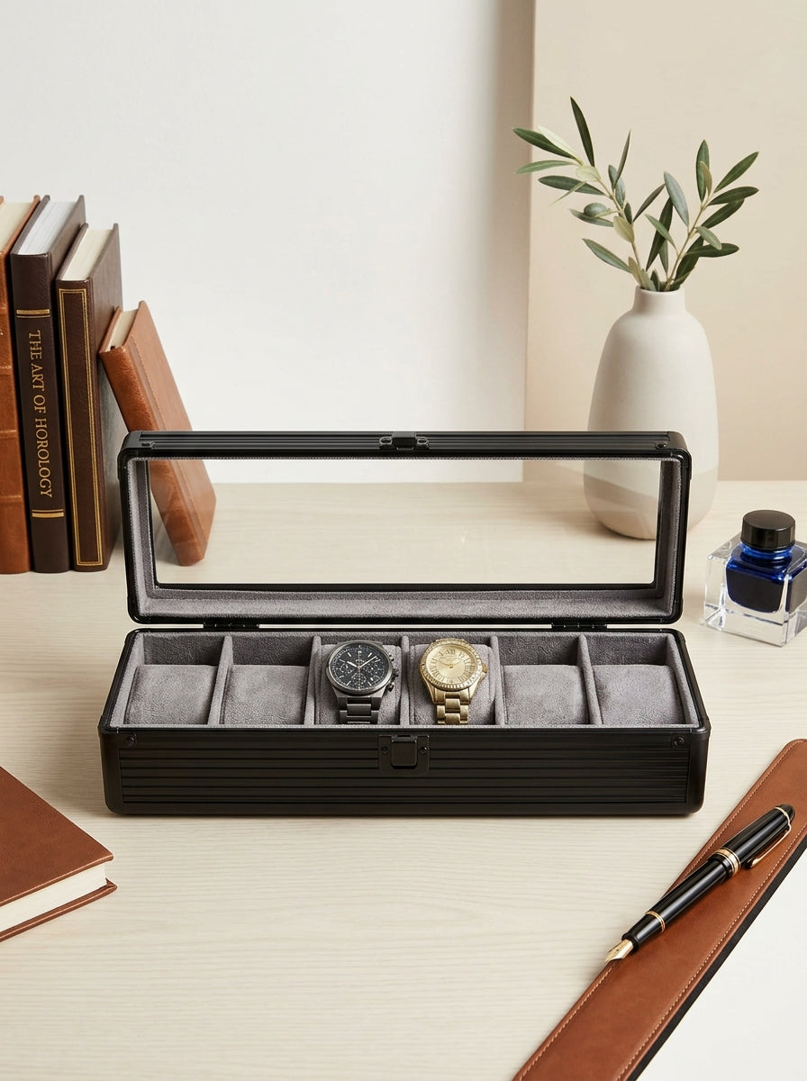 6-Slot Aluminum Watch Box with Glass Lid | Watch Organizer Case | ৬ স্লট অ্যালুমিনিয়াম ওয়াচ বক্স