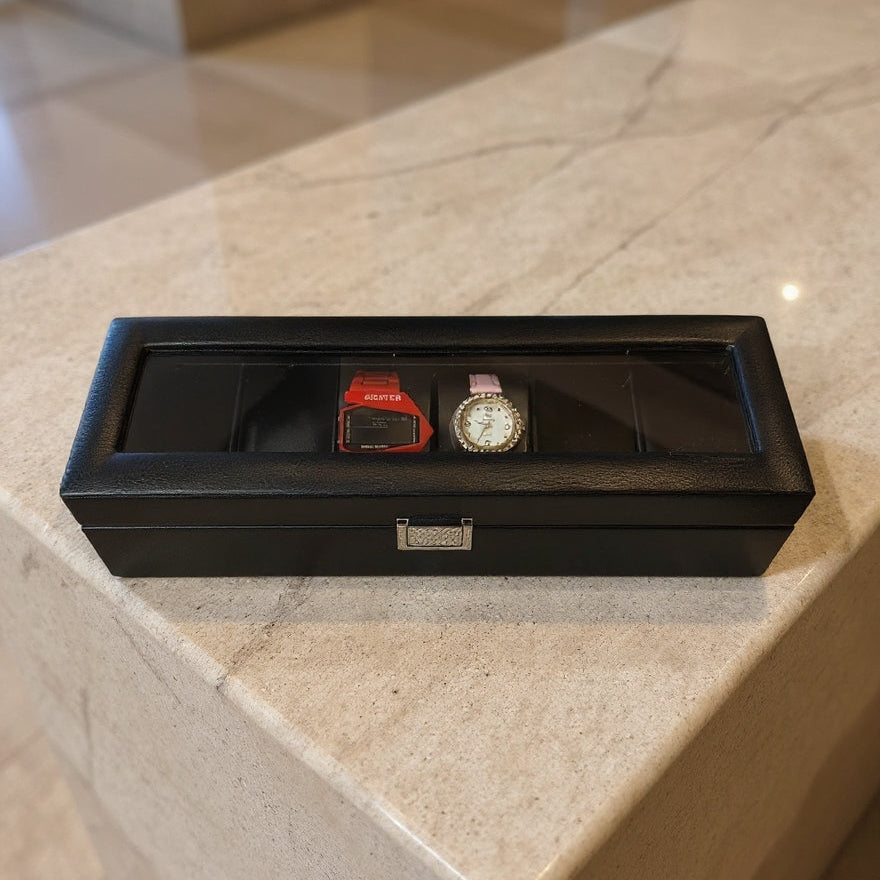 6-Slot Leather Watch Box with Glass Lid — Black Watch Organizer for Men & Women