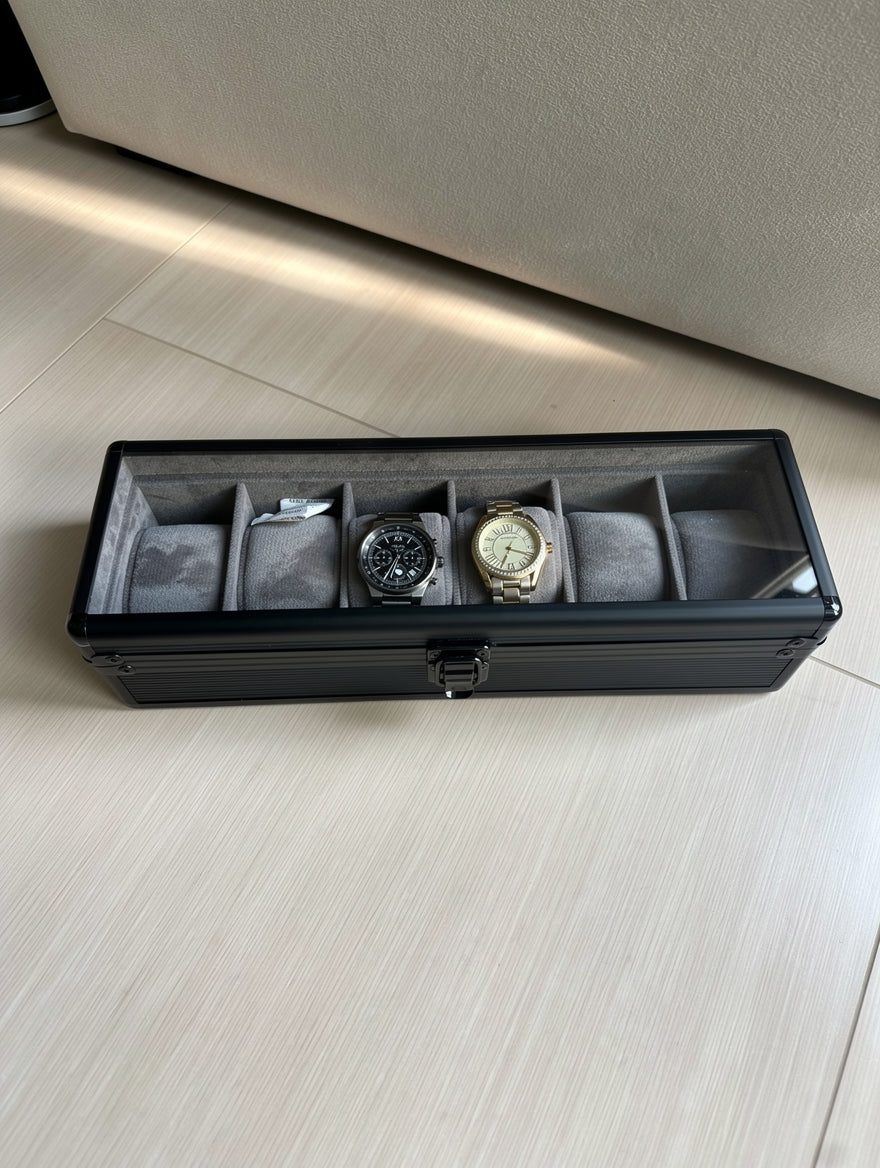 6-Slot Aluminum Watch Box with Glass Lid | Watch Organizer Case | ৬ স্লট অ্যালুমিনিয়াম ওয়াচ বক্স