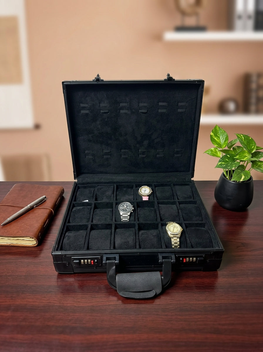 24-Slot Aluminum Watch Briefcase with Dual Combination Lock | Premium Watch Organizer | ২৪ স্লট অ্যালুমিনিয়াম ওয়াচ বক্স