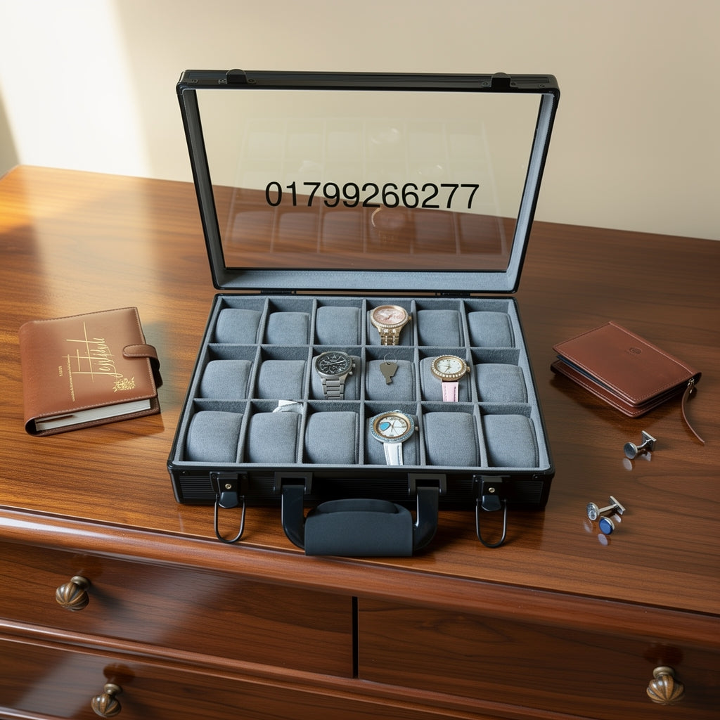 18 Slot Aluminum Watch Organizer Box — Black Gray Color, Glass Lid, Key Lock System | Premium Watch Storage Case