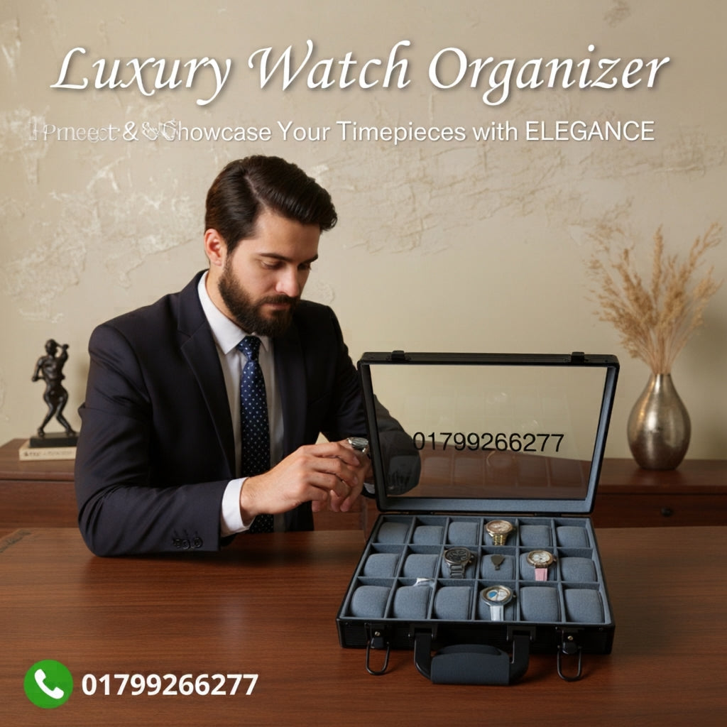 18 Slot Aluminum Watch Organizer Box — Black Gray Color, Glass Lid, Key Lock System | Premium Watch Storage Case