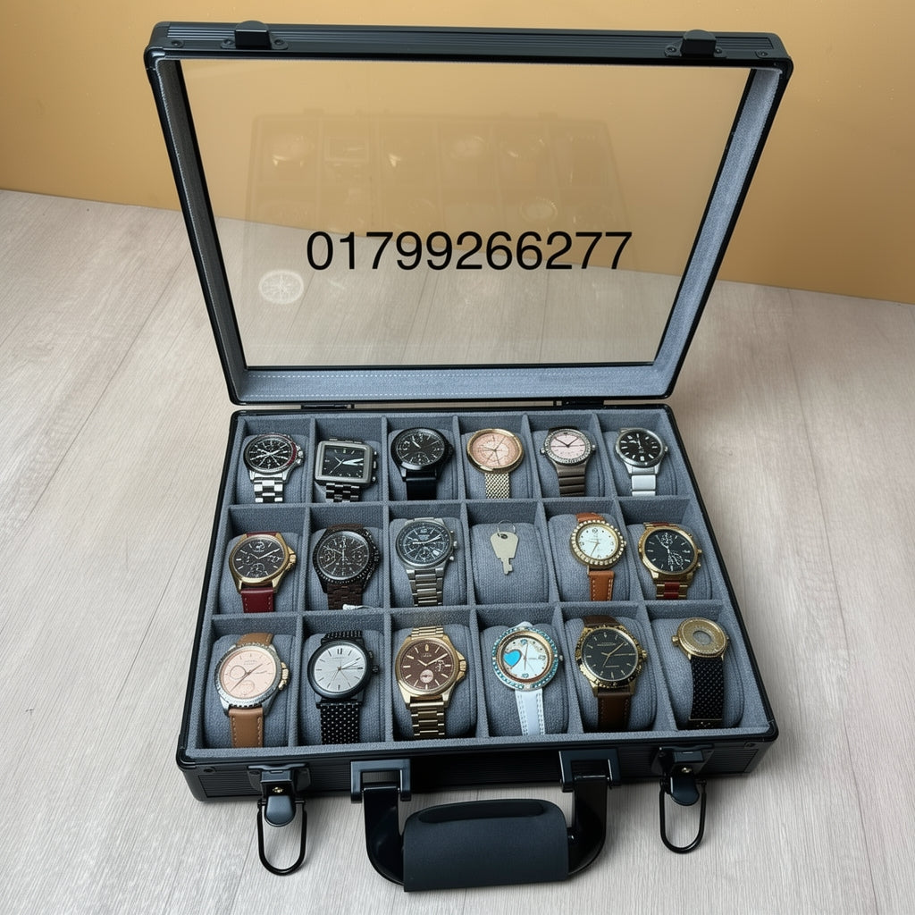 18 Slot Aluminum Watch Organizer Box — Black Gray Color, Glass Lid, Key Lock System | Premium Watch Storage Case