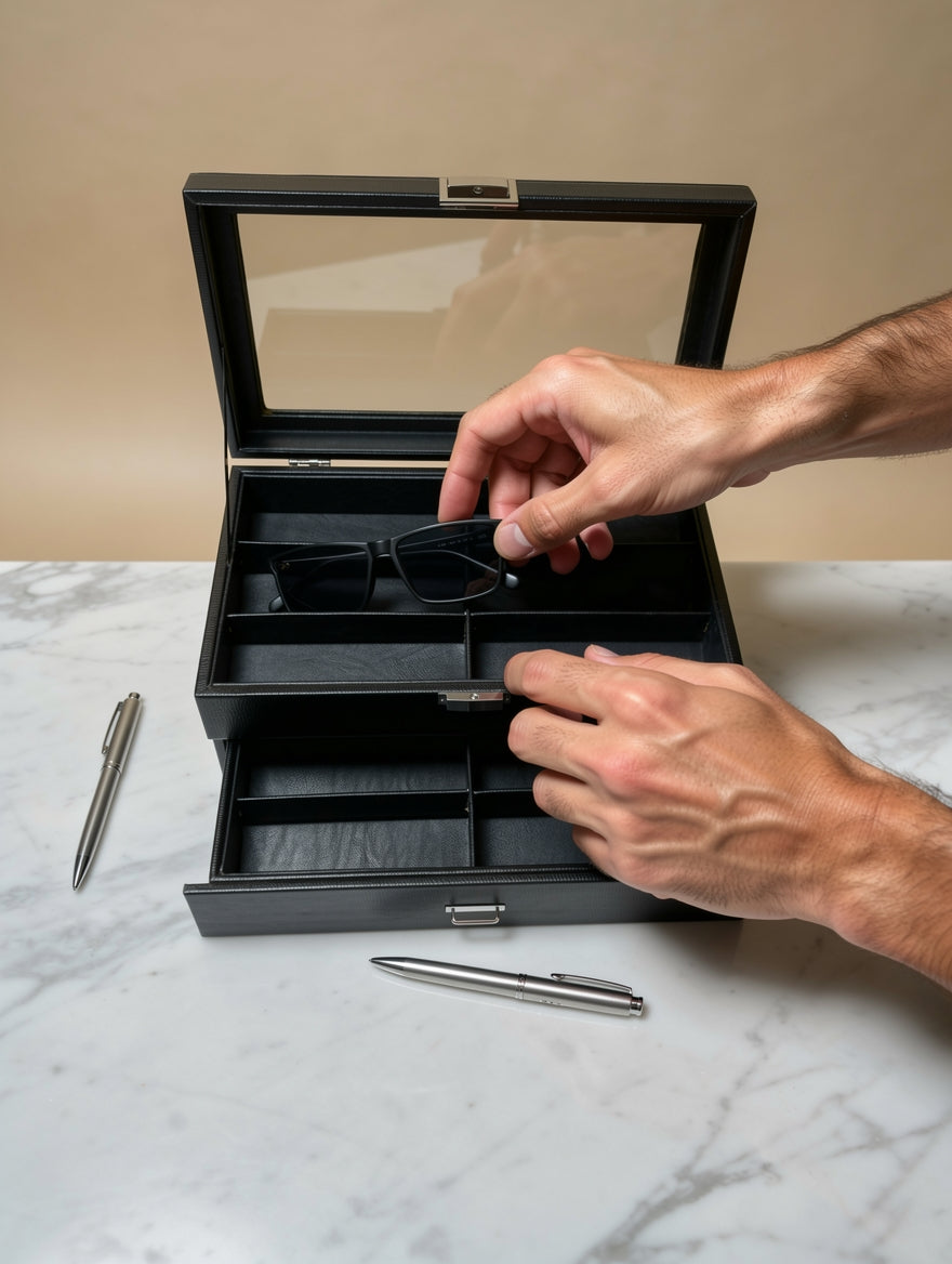 Person organizing items in a black jewelry box on a marble surface.