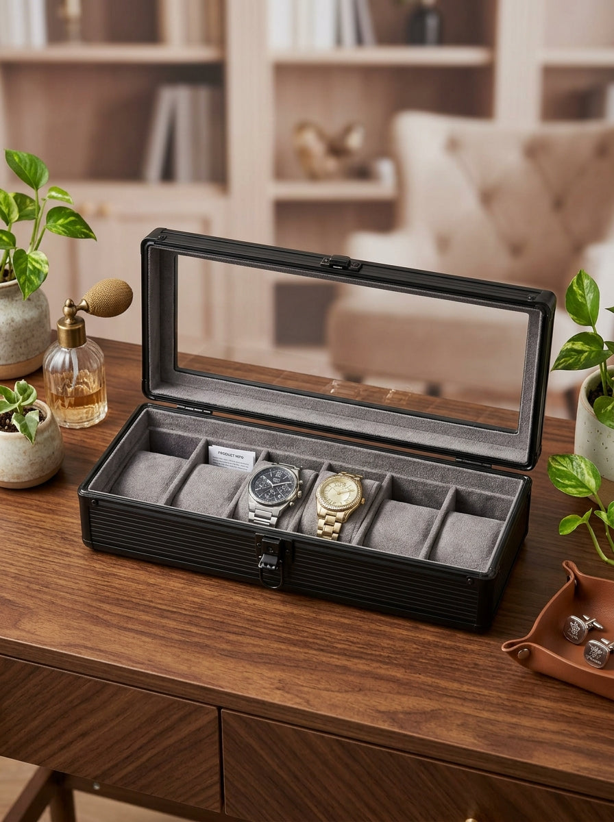 6-Slot Aluminum Watch Box with Glass Lid | Watch Organizer Case | ৬ স্লট অ্যালুমিনিয়াম ওয়াচ বক্স
