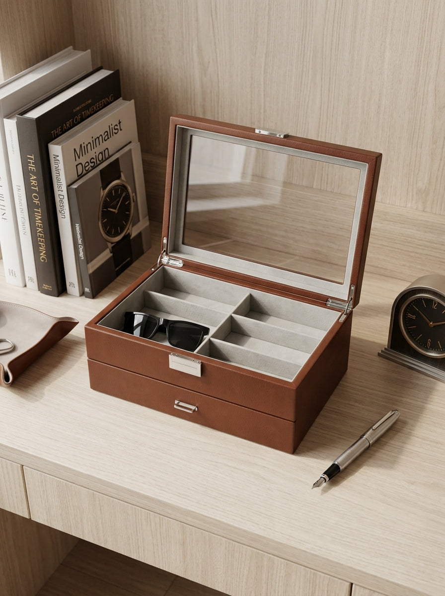 Brown jewelry box on a wooden desk with books and a clock in the background