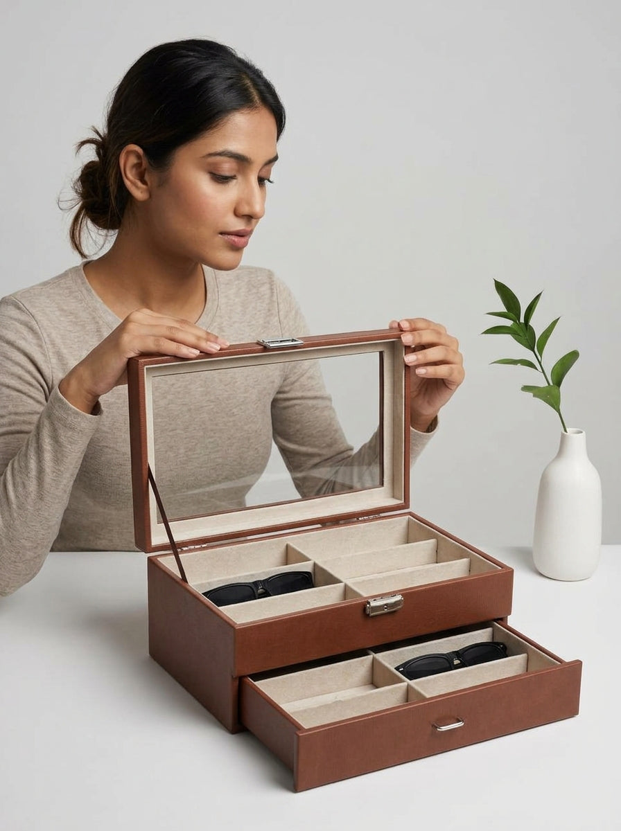 Woman opening a brown jewelry box on a light gray background