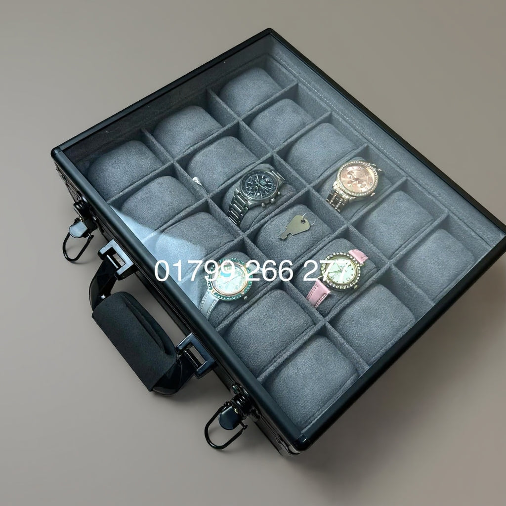 18 Slot Aluminum Watch Organizer Box — Black Gray Color, Glass Lid, Key Lock System | Premium Watch Storage Case