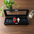 6-Slot Leather Watch Box with Glass Lid — Black Watch Organizer for Men & Women