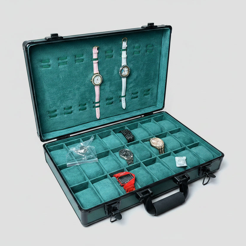32 Slots Aluminum Watch Organizer Box Dark Green High Materials