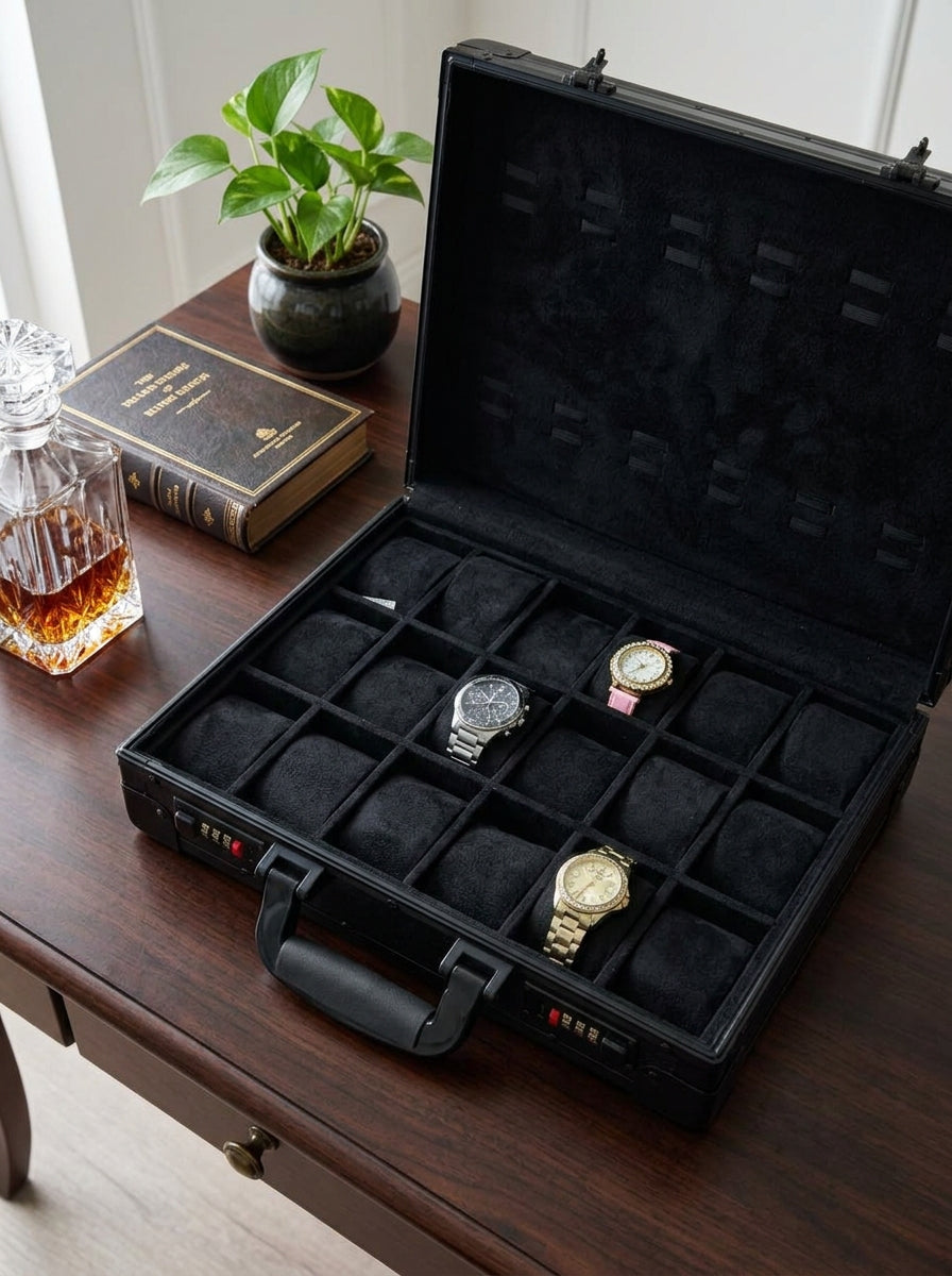Black watch case with multiple compartments on a wooden surface, containing watches.