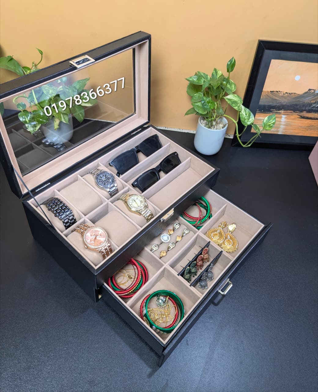 Leather Made Watch, Sunglass, Jewelry Combo Organizer Storage Box