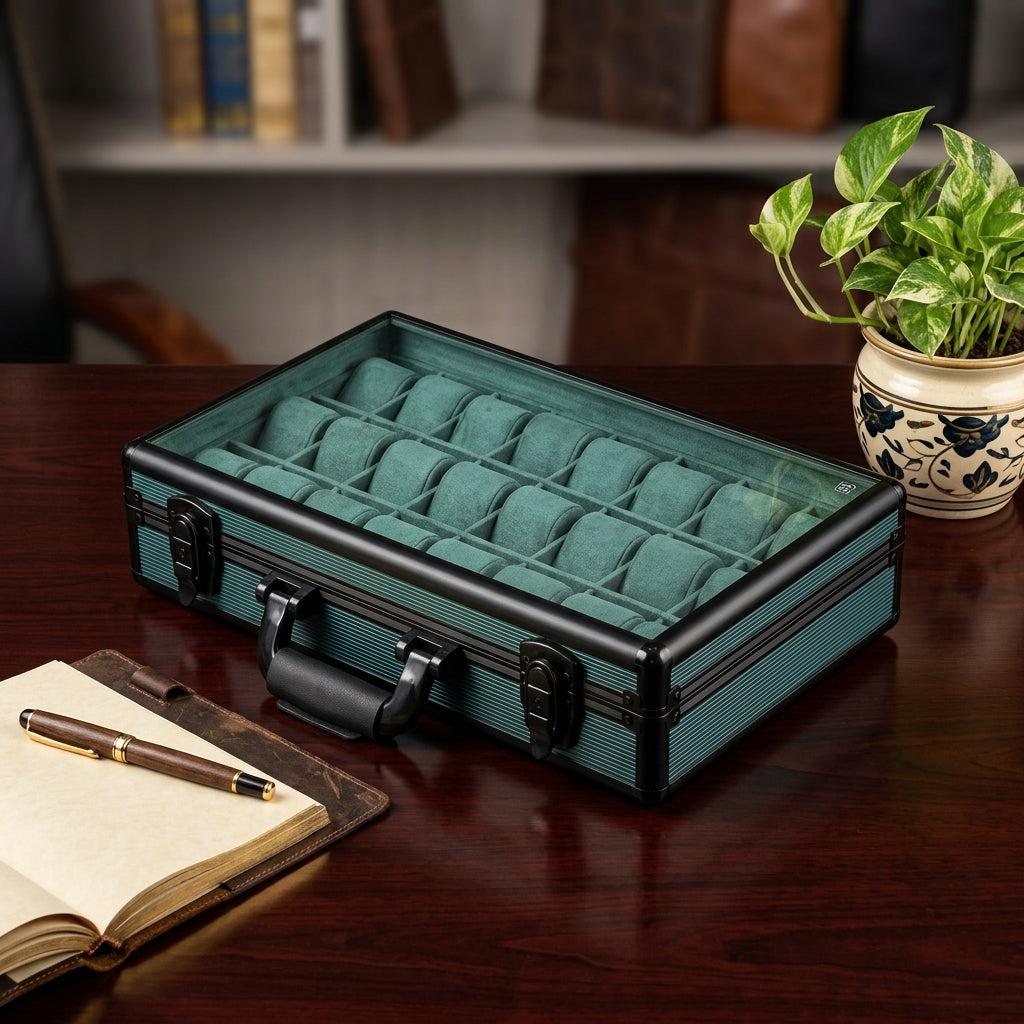 24-slot aluminum watch briefcase open showing grey velvet cushioned interior, size 46x30x11.5cm, weight 2.225kg — Grihosojja Bangladesh