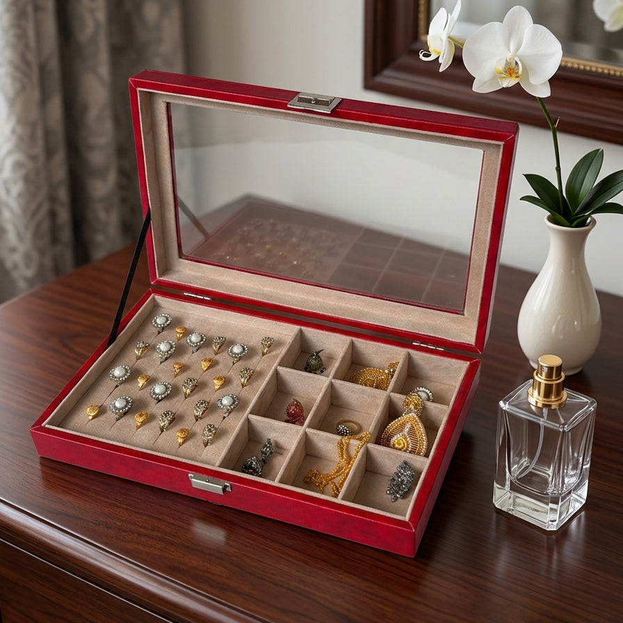 Maroon jewelry combo box open on dresser showing beige velvet ring slots and earring compartments — Grihosojja Bangladesh