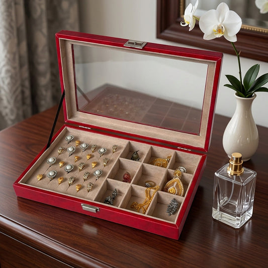 Maroon jewelry combo box open on dresser showing beige velvet ring slots and earring compartments — Grihosojja Bangladesh