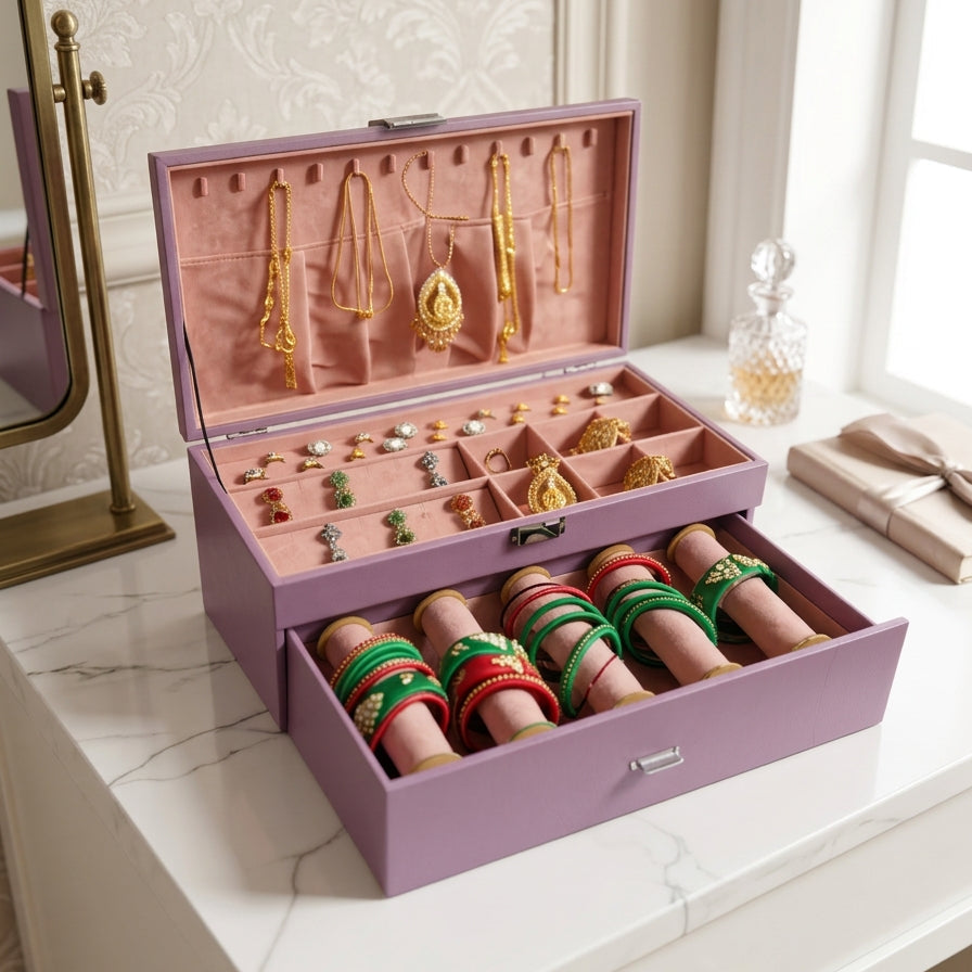 Premium lavender jewelry combo box open showing pink velvet interior with necklace hooks, ring rows, earring compartments and 5 bangle rolls in pull-out drawer — Grihosojja Bangladesh